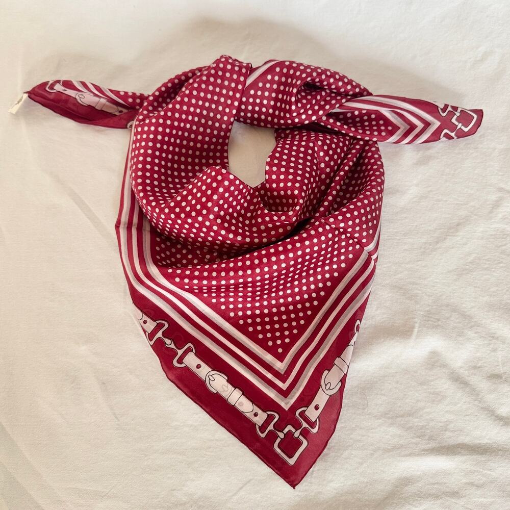 VTG 90s Red 100% Silk Hand Rolled Equestrian Belt Polka Dot Square Head Scarf